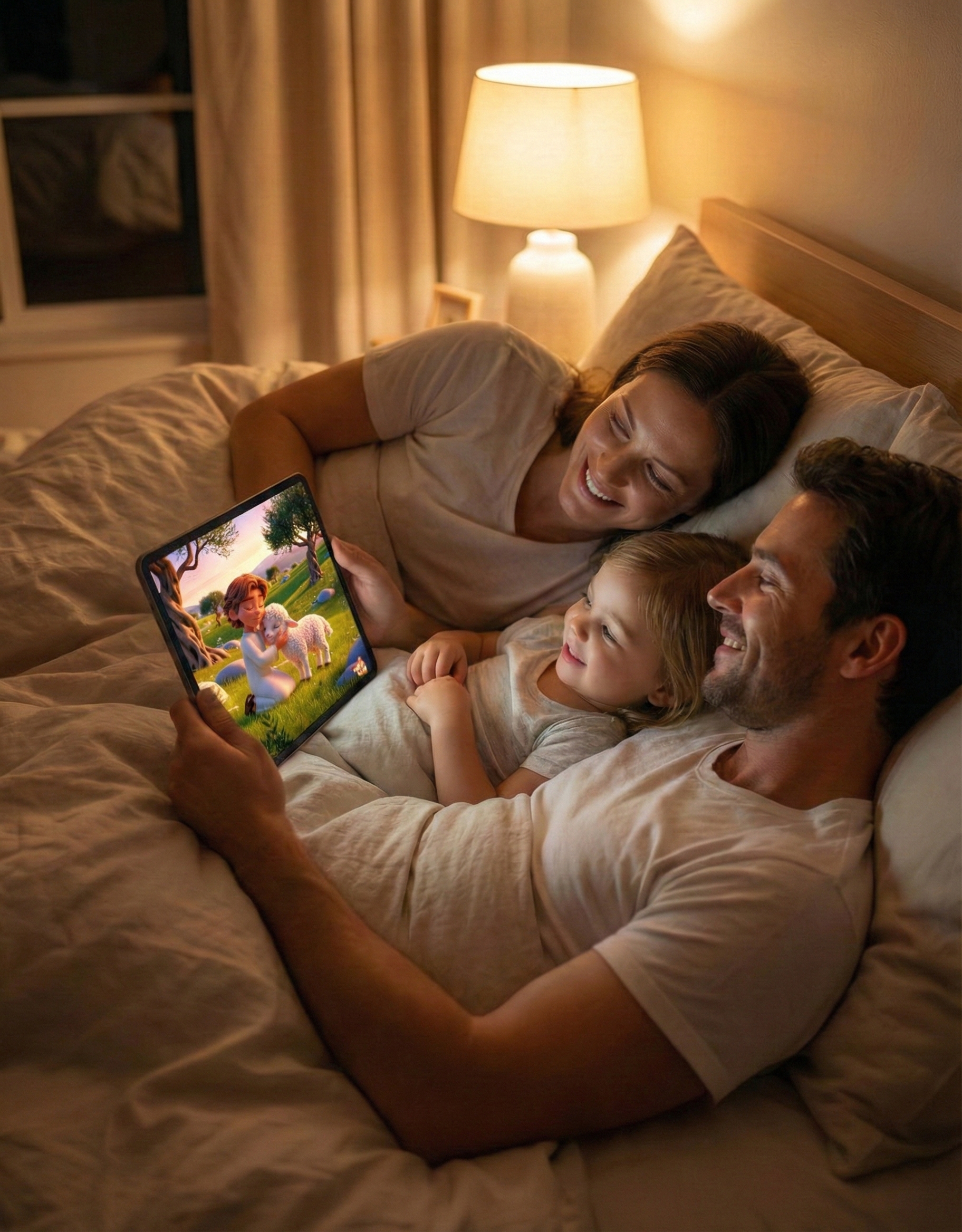Família lendo uma história do Soninho de Luz na hora de dormir